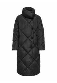 Juoda siuvinėta pūkinė striukė su aukštu apykakle, su deimanto raštu, mygtukų uždarymu ir trumpomis rankovėmis. Lygus, blizgus audinys.