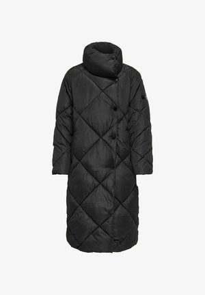 Giacca a pezza trapuntata nera con colletto alto, caratterizzata da un motivo a diamante, bottoni di chiusura e maniche corte. Tessuto liscio e lucido.