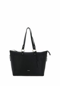 Bolso tote de cuero negro con dos asas superiores, acentos en hardware de plata, cierre con cremallera y bolsillo lateral con cremallera. Textura suave con un detalle minimalista.