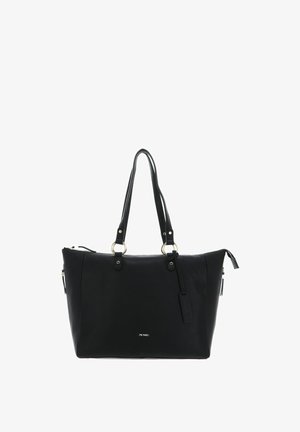 Sac fourre-tout en cuir noir avec deux poignées supérieures, accents de quincaillerie en métal argenté, fermeture éclair et poche zippée sur le côté. Texture lisse avec des détails minimaux.