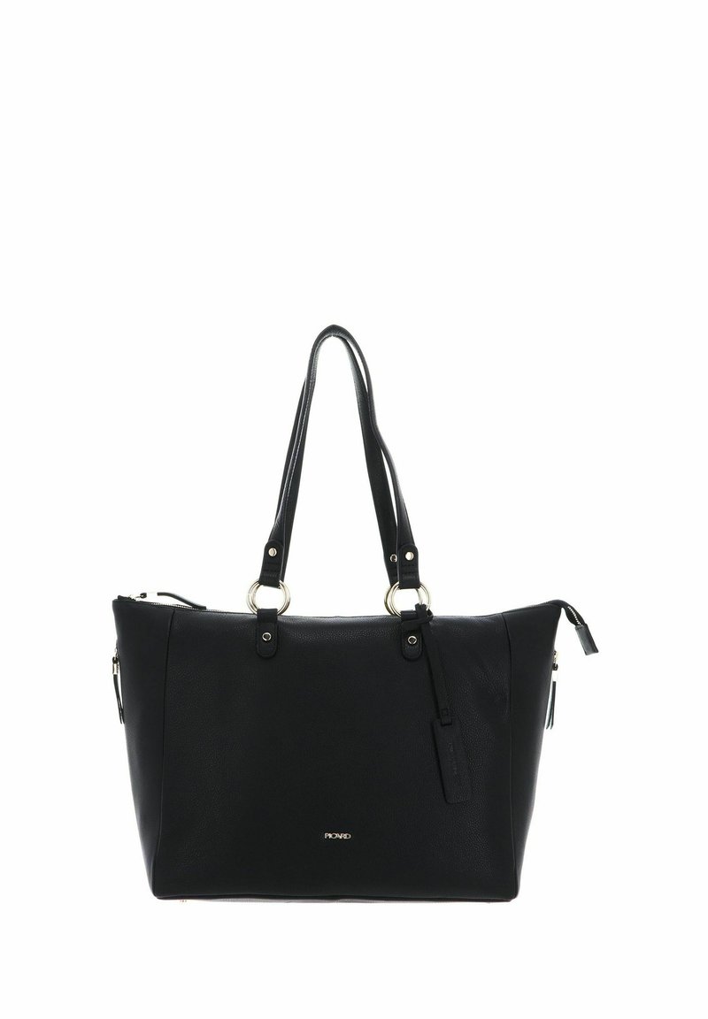 Bolso tote de cuero negro con dos asas superiores, acentos en hardware de plata, cierre con cremallera y bolsillo lateral con cremallera. Textura suave con un detalle minimalista.