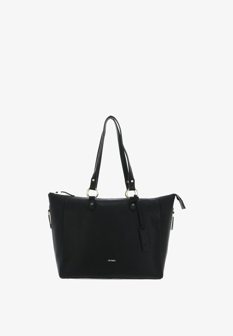 Sac fourre-tout en cuir noir avec deux poignées supérieures, accents de quincaillerie en métal argenté, fermeture éclair et poche zippée sur le côté. Texture lisse avec des détails minimaux.
