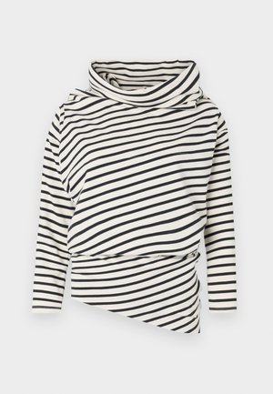 Asymmetrisches Langarmoberteil in Creme mit schwarzen Streifen, mit hohem Kragen und drapierter Vorderseite im strukturierten Finish.