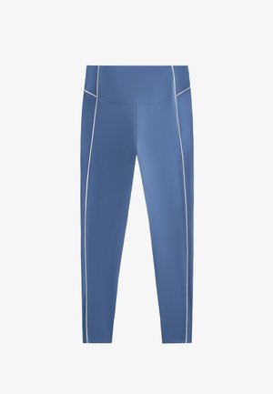 Colanți atletici albaștri dintr-un material neted, cu un talie înaltă, dungi albe pe lateral și un design ajustat.