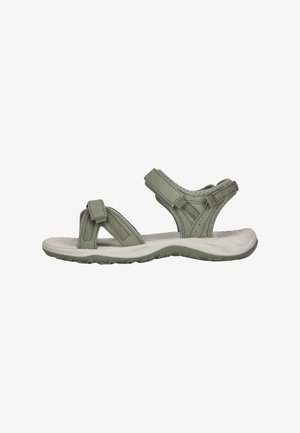 Gröna tygsandaler med justerbara remmar, en strukturerad innersula och en vit gummisula. Rundad tådesign för komfort och stöd.