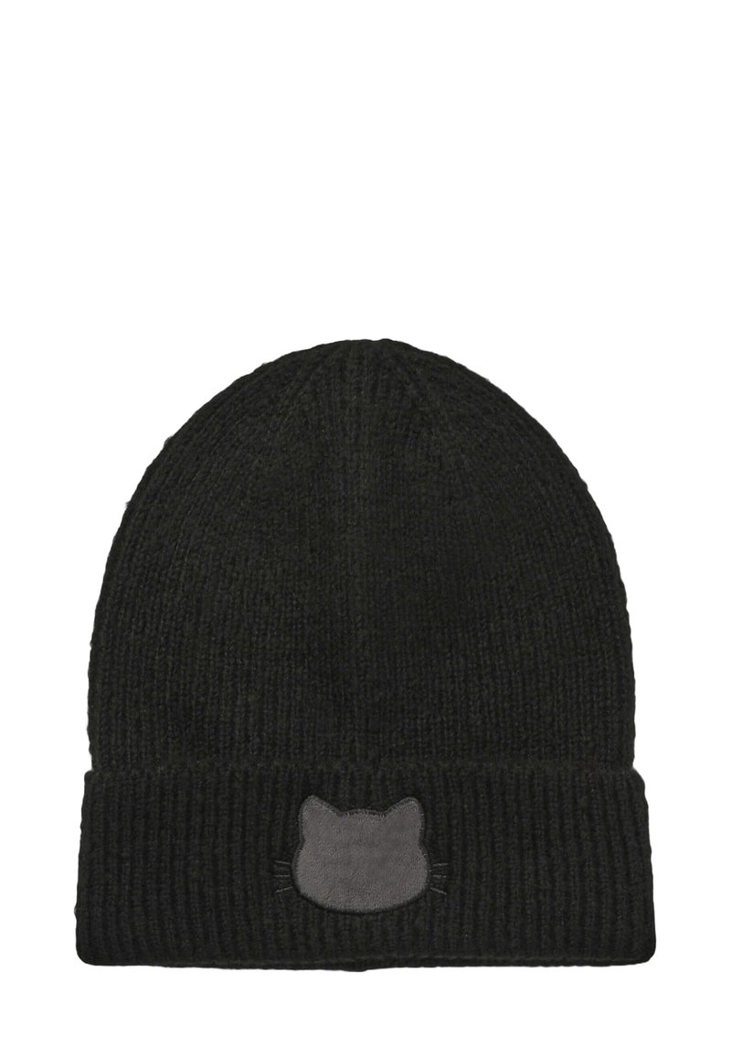 Cappello di lana nera a maglia con risvolto, caratterizzato da un'applicazione a faccia di gatto grigia. Il tessuto testurizzato aggiunge profondità al design.