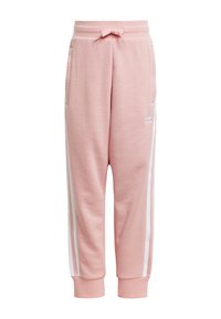 Ružové tepláky vyrobené z mäkkého materiálu s pásom na šnurovanie v páse, bočnými vreckami a kontrastnými bielymi pruhmi pozdĺž nôh.