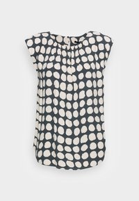 Blusa a maniche corte in tessuto blu scuro con un motivo a pois bianchi irregolari. Presenta un colletto arricciato e chiusura con bottoni sul retro.