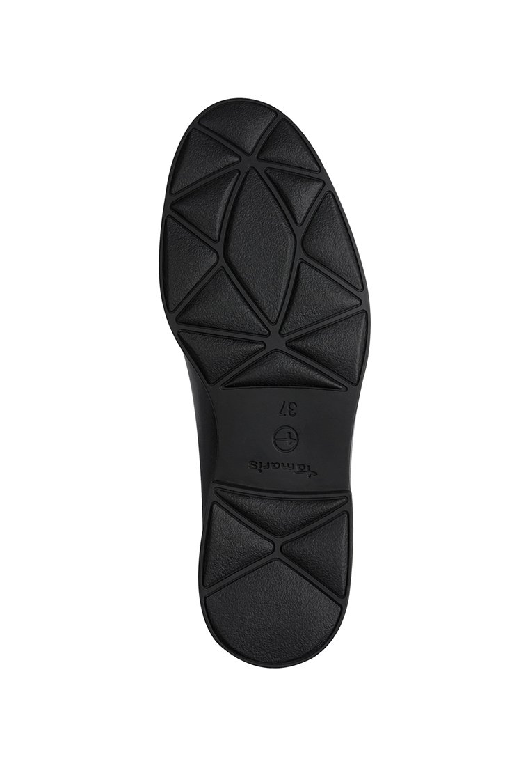 Suola di scarpa in gomma nera con un motivo di battistrada geometrico e texture liscia, contrassegnata dalla taglia '37' e un'impronta del logo.