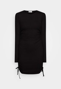 Svart långärmad klänning gjord av ribbat tyg, med en rynkad sidodesign och dragsko-detaljer i fållen.