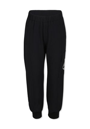 Pantaloni jogger neri realizzati in un tessuto morbido, con vita elasticizzata, polsini affusolati, tasche laterali e un dettaglio con logo sulla gamba.