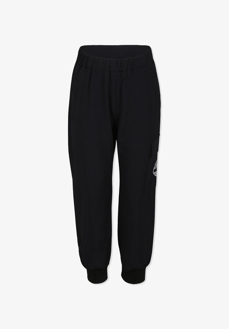 Pantaloni jogger neri realizzati in un tessuto morbido, con vita elasticizzata, polsini affusolati, tasche laterali e un dettaglio con logo sulla gamba.