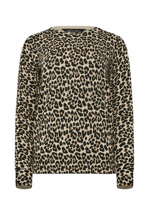 Leopardenmuster-Pullover in Beige und Schwarz, mit Rundhalsausschnitt, langen Ärmeln, gerippten Bündchen und einer weichen Stricktextur.