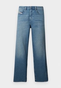 Blugi din denim albastru deschis, cu croială dreptă, design cu cinci buzunare și un efect subtil de decolorare. Se închid cu nasture și fermoar.