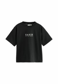 Czarny t-shirt z krótkim rękawem wykonany z bawełny, z okrągłym dekoltem i białym napisem "BAKER BY TED BAKER" umieszczonym na środku przodu.