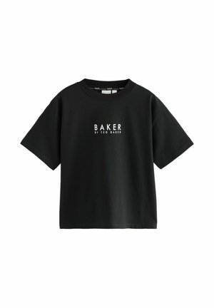 T-shirt nera a maniche corte in cotone con collo a girocollo e logo bianco "BAKER BY TED BAKER" centrato sul davanti.