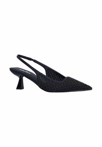Pompe slingback noire avec un bout pointu, un haut en mesh tissé et un petit talon carré. Équipée d'une fine sangle de cheville pour un maintien sécurisé.