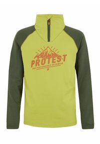Groene en gele half-zip pullover met naadloze schouders. Beschikt over een bergafbeelding en het "PROTEST" logo in oranje. Zachte, lichte stof.