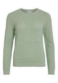 Pull en tricot vert clair avec un motif texturé, col rond, poignets et ourlet côtelés. Design simple et décontracté sans fermetures.
