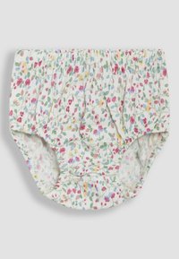 Bloemen katoen bloesjes met elastische tailleband; voorzien van kleine roze, blauwe en gele bloemen op een witte achtergrond; zachte textuur.