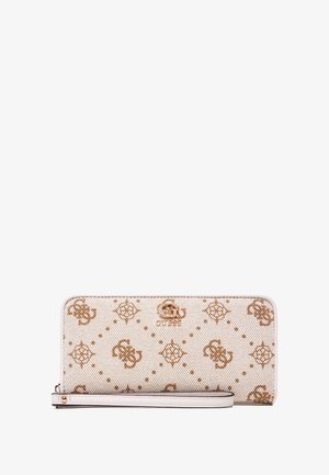 Portafoglio beige realizzato in materiale testurizzato, con motivo monogrammato dorato. Include un logo in tono dorato e una tracolla staccabile.