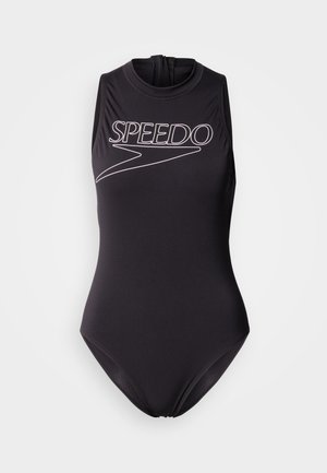 Maillot de bain une pièce noir avec un col montant, un design sans manches et une fermeture éclair au dos. Présente un logo blanc "SPEEDO" à l'avant.