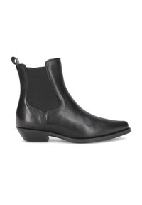 Bottines noires en cuir lisse. Comprend des panneaux latéraux élastiques, une languette et un talon bas. Silhouette élégante avec un bout pointu.
