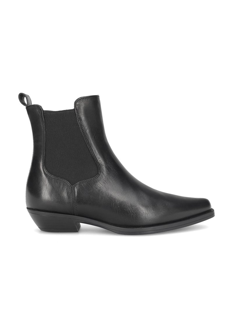 Bottines noires en cuir lisse. Comprend des panneaux latéraux élastiques, une languette et un talon bas. Silhouette élégante avec un bout pointu.