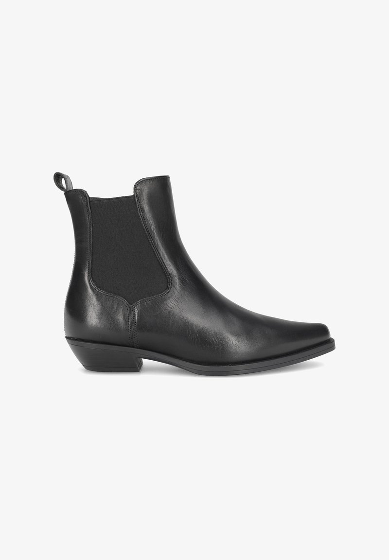 Bottines noires en cuir lisse. Comprend des panneaux latéraux élastiques, une languette et un talon bas. Silhouette élégante avec un bout pointu.