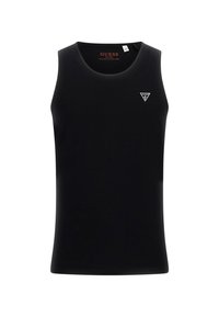 Schwarzes Tanktop aus Bio-Baumwolle mit rundem Halsausschnitt und figurbetontem Schnitt. Verfügt über ein kleines weißes dreieckiges Logo auf der linken Brust.