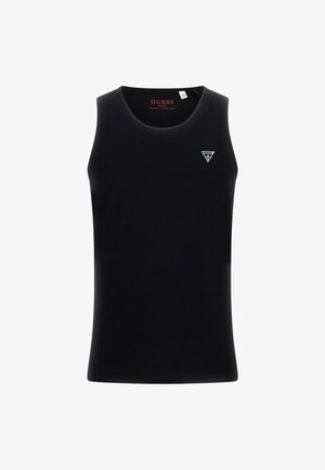 Canotta nera in cotone biologico con scollo rotondo e design aderente. Presenta un piccolo logo triangolare bianco sul lato sinistro del petto.