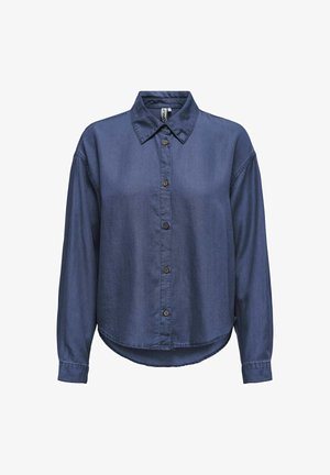 Donkerblauwe denim overhemd met een kraag, lange mouwen, knoopsluiting aan de voorkant en een afgeronde zoom. Zachte stof met een gladde textuur.