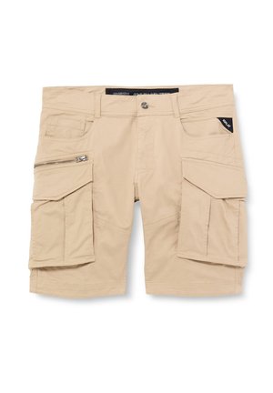 Beige cargoshorts gemaakt van een katoenmix, met meerdere zakken, een ritszijzak en een relaxte pasvorm. Voor een vlakke voorkant.