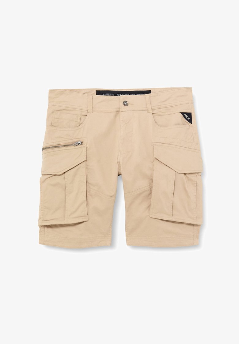 Beige cargo shorts made of cotton blend, featuring multiple pockets, a zippered side pocket, and a relaxed fit. Flat front design.