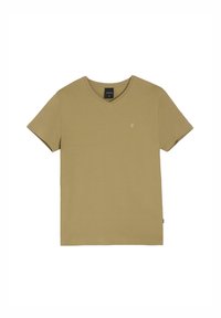 Beżowy t-shirt z krótkim rękawem w kształcie litery V z małym białym haftowanym logo na lewej piersi oraz czarną metką z rozmiarem wewnątrz kołnierza.
