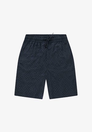 Zwarte knielange shorts met elastische tailleband en trekkoord, voorzien van een subtiel geometrisch diamantpatroon.