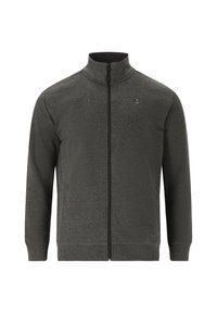 Grå zip-up jakke med ståkrave, lavet af tekstureret stof, med et lille logo på venstre bryst og ribbede manchetter.