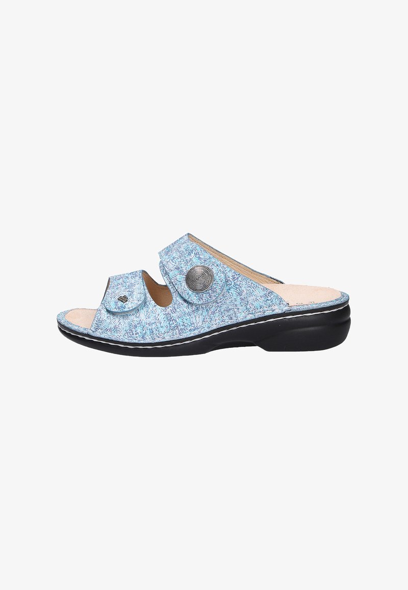 Blue patterned open-toe sandal with black sole, adjustable straps, and decorative metal button on the upper side.