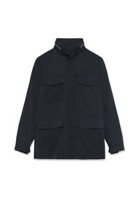 Dark blue jacket with high collar featuring zipper and button closures, four front flap pockets, and long sleeves.