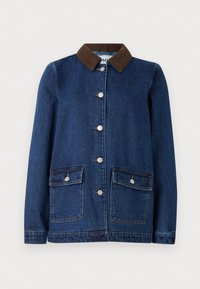 Denimjakke i mørkeblå med brun cordfløyelskrage, to frontlommer med knappelokk, og sølvknapper foran.