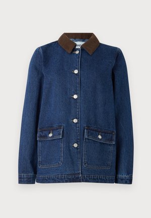 Denim jacket in dark blue with corduroy brown collar, two front pockets with button flaps, and silver buttons down the front.