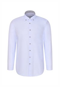 Chemise blanche à manches longues avec boutons et col boutonné, doublure intérieure grise du col, présentée sur fond blanc.