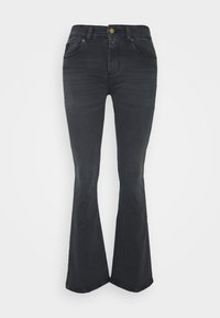 Flared black denim jeans with a medium rise, featuring five pockets and a brass button closure. Smooth texture with subtle fading.
