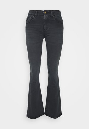 Flared black denim jeans with a medium rise, featuring five pockets and a brass button closure. Smooth texture with subtle fading.