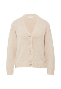 Cardigan en tricot rose clair avec un col en V, des manches longues, cinq boutons sur le devant et des poignets et ourlet côtelés. Texture douce, design décontracté.