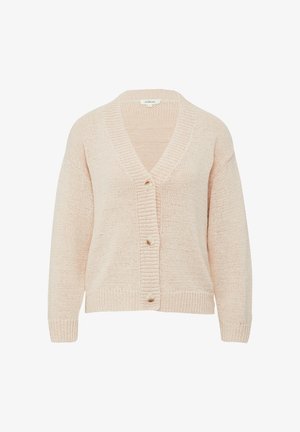 Jasnoróżowy sweter robiony na drutach z dekoltem w kształcie litery V, długimi rękawami, pięcioma guzikami z przodu oraz ściągaczami przy mankietach i u dołu. Miękka tekstura, casualowy design.