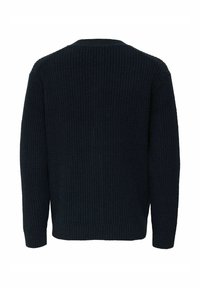 Dunkelblauer gerippter Pullover mit lockerem Schnitt, langen Ärmeln und rundem Halsausschnitt. Besitzt ein strukturiertes Strickmuster und einen geraden Saum.