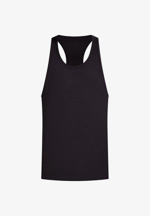 Zwarte tanktop, gemaakt van lichtgewicht katoen, heeft een racerback ontwerp. Soepele textuur met gestikte randen, zonder patronen of extra details.