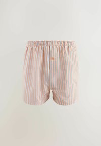 Boxers pour hommes à taille élastique avec des rayures verticales pêche et bleu clair et un petit bouton central.
