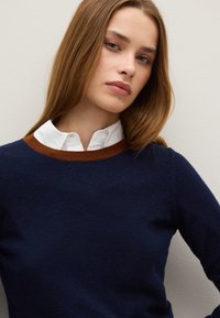 Maglione blu navy con un colletto a coste marrone a contrasto. Tessuto morbido, design con scollatura a girocollo e silhouette aderente. Indossato sopra una camicia bianca con colletto.